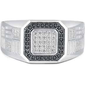925 Sterling Silver Mens Wedding Band Pave 5A Black and White Cubic Zirconia Round Cut 14K White Gold Plated Promise Ring For Him Size 7-14