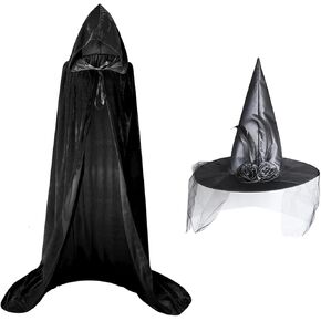 Nirvany Hooded Cloak and Witch Hat Kit, Velvet Witch Costume Cape and Hat for Halloween