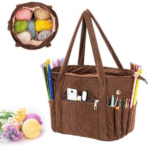 Crochet Bag, Tote Storage for Knitting, Corduroy Yarn Storage Bag for Hooks, Supplies and Accessories, Projects (Pink)