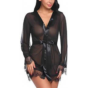Sexy Lingerie Robes for Women, Sheer Robes for Women Sexy Lace Kimono Babydoll Nightgown Dress Sets Black, Onesize 2-8