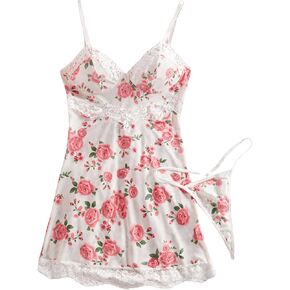 Verdusa Women's Lace Trim Floral Lingerie 2 Piece Sleepwear Babydoll with Thong