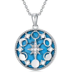 Turquoise Moon Phases Necklace for Girls Women, 925 Sterling Silver CZ Moon Phases Pendant Jewelry Gifts Valentine's Day Birthday Mother’s day