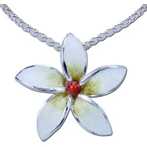 قلادة زهرة بلوميريا بيضاء - من الفضة الاسترليني والمينا الزجاجية مع سلسلة in Kuwait