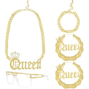 80s 90s Hip Hop Queen Costume Kit Outfit Jewelry Accessories Set Necklace Bracelet Sunglasses for Woman Rapper DJ Punk