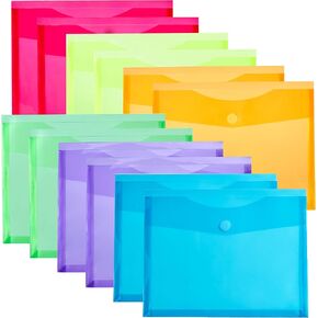 FANWU 12 Pack Assorted Color Plastic Envelopes with Hook & Loop Closure - 1-1/6" Expansion - Letter A4 Size Reusable Poly File Document Folders Envelopes with Expandable Gusset for School Home Office