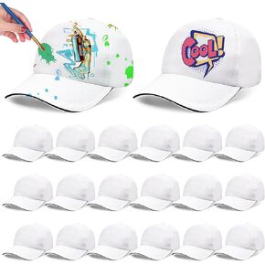 20 Pack White Kids Hats, White Baseball Caps Baseball Hats Bulk DIY Sun Hat with Adjustable Back Strap for Painting Hiking Camp Sport Outdoor Activities