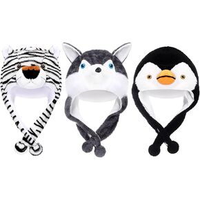3 Pcs Cute Plush Animal Hat Soft Warm Hat with Ear Flap for Adult Winter Plush Cap for Ski Winter Christmas