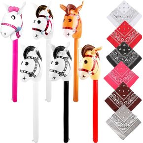 12 Pack Inflatable Stick Horse and Paisley Bandanas Blow Up Horse Head Stick Inflatable Stick for Cowboy Party in Kuwait