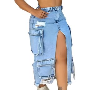 LAJIOJIO Fall Slit Denim Midi Skirt Women Ripped Stretch High Waist Front Split Frayed Raw Hem Long Jeans Cargo Skirts
