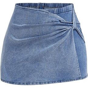 MakeMeChic Women's Plus Size Denim Shorts High Waist Ruched Mini Jean Skirt Skorts