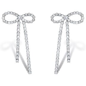 Wecoe Silver Bow Cuff Earrings for Women Girls Earring Cuffs Non Pierced Hypoallergenic Cartilage Clip On Diamond Dangle Tassel Rhinestone Earrings Wedding Statement Jewelry Gifts Aretes De Mujer