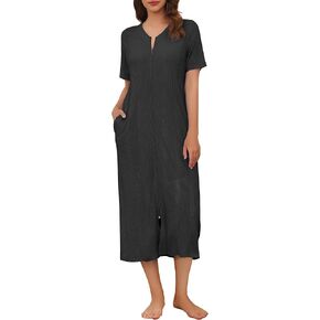 Ekouaer Zip Up Robe for Women Long Housecoat Waffle Knit Bathrobes Cozy Full Length Nightgown with Pockets S-4XL
