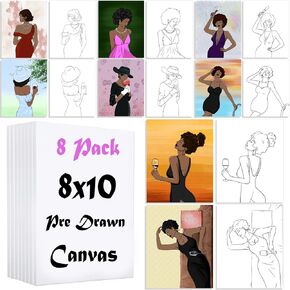 Sip and Paint Kit for Adults, 8 Pack Pre Drawn Canvas to Paint for Adults Painting Kit, Paint Party Kits for Adults Artist Beginners (Elegant Ladies)