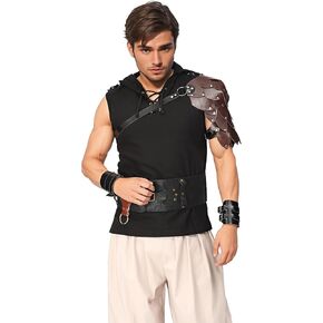 KUOIN Medieval Hooded Pirate Shirt Vest, Men's Black Hoodie Top with Belt Renaissance Costume