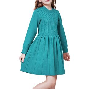 WULFUL Girl's Sweater Dress Long Sleeve Button Pleated Casual Fall Winter Knit Dresses 5-12Y