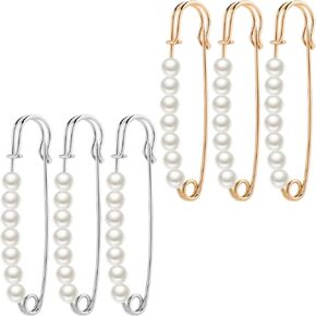 6 Pcs Faux Pearl Brooch Pins Decorative Safety Pins Pants Clips to Tighten Waist Sweater Shawl Clips Large Shawl Pins for Women Clothing Dress Pants Skirt Accessories Waist Extender Decoratine Pins
