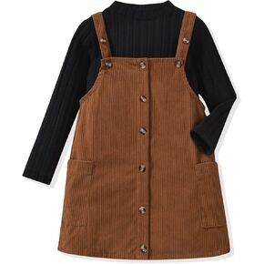 HINTINA Toddler Little Girl Corduroy Button Down Overall Dress Set 2-7Y