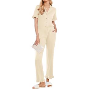 Ekouaer Ruffle Pajamas for Women Set 2 Piece Button Up Pj Sets Soft Pants Lounge Set Loungewear