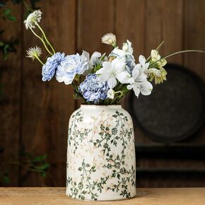 Green and Beige Vintage Vase, Chinoiserie Floral Vase, Rustic Ceramic Large Vases for Home Decor, Living Room, Bookshelf, Office, Grand Millennial Decor, Chinoiserie Decor, Tuscan Decor 7.8 Inch