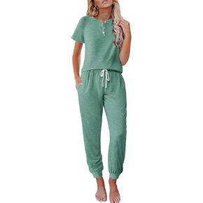 Ekouaer Lounge Sets for Women 2 Piece Pjs Short Sleeve Pajamas Set Joggers Pants Sleepwear Soft Outfits S-XXL