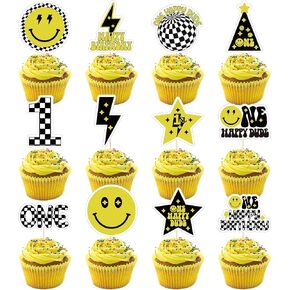 One Happy Dude Cupcake Toppers - 48 Pcs Smiley Face 1st Birthday Decorations, One Cool Dude Cake Decorations, One Happy Dude Birthday Decorations, Perfect for Baby Boy's First Birthday Party