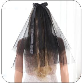 Black Lace Wedding Veil 2 Tier Fingertip Veils for Brides Short Ribbon Edge Veils for Halloween Pencil Edge Veil Bow