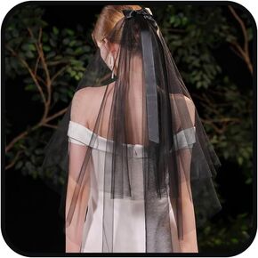 Black Lace Wedding Veil 2 Tier Fingertip Veils for Brides Short Ribbon Edge Veils for Halloween Pencil Edge Veil Bow
