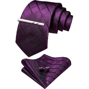 YOHOWA Extra Long Men Tie with Tie Clip Set Solid Plaid Silk Necktie Pocket Square Cufflinks Formal Wedding Party Business