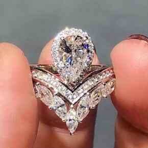 925 Sterling Silver Shiny Full Diamond Pear Marquise Cut Cubic Zirconia Rings Teardrop Crown Ring CZ Diamond Eternity Engagement Wedding Band Ring for Women F133 (US Size 6)