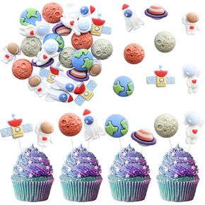 Ephlyn 36Pcs Space Astronaut Cupcake Toppers Space Girl Moon Star Rocket Planet Cupcake Toppers Earth Planet Cupcake Picks Space Theme Gender Reveal Birthday Shower Party Supplies Pink