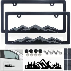 BGGTMO Mountain License Plate Frames- White on Black Mountain Raised, Plastic Black Car Tag Holder Bracket with Screws Caps, 2 Packs 2 Hole with Mountain Vinyl Sticker