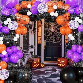 152Pcs Halloween Balloons Arch Garland Kit, Orange Purple and Black Balloon with Halloween Spider Web, Spiders for Halloween Birthday decor Supplies Cute Halloween Party Decorations