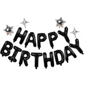 Black Happy Birthday Banner Balloon Aluminum Foil 16 Inch Letter,10 Inch Five Pointed Star Four Pointed Star Suitable for Kids, Men, Women, Boys and Girls Party Decoration Supplies