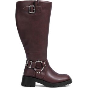 Pasuot Extra Wide Calf Boots for Women - Knee High Square Toe Wide Width Platform Plus Size Tall Boots with Side Zip, Elastic bands Buckle Chunky Heel Wide Leg Fashion Motorcycle Boot for Spring Fall
