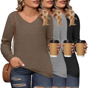 Ficerd Women's Plus Size Long Sleeve Tops 3 Pack V Neck T-Shirts Fall Tops Tunic Casual Loose Fit Blouse Outfits Basic Tees