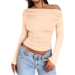OFEEFAN Women's Off The Shoulder Tops Ruched Y2K Long Sleeve Shirts
