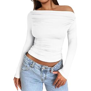 OFEEFAN Women's Off The Shoulder Tops Ruched Y2K Long Sleeve Shirts