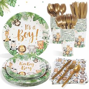 175Pcs Safari Baby Shower Decorations Plates Set, Jungle Theme Zoo Animals Plates Napkins Cups and Cutlery for 25 Guests