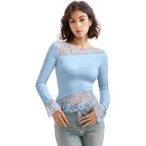 SUUKSESS Women Lace Long Sleeve Top Sexy Mesh Sheer Crew Neck T Shirts Y2k Tops