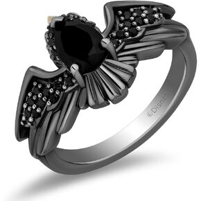 Jewelili Enchanted Disney Fine Jewelry Black Rhodium over Sterling Silver and 10K Yellow Gold with 1/5 CTTW Black Diamonds, Onyx and Garnet Sleeping Beauty 65th Anniversary Celebration Maleficent Ring