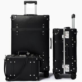 Luxury Vintage Style Luggage Set with Studded Accents, Large Capacity Retro Trunk Suitcase Set with Wide Aluminum Frame, Double Spinner Wheels and TSA Locks