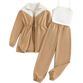 MakeMeChic Girl's 3 Piece Outfit Colorblock Full Zip Jacket and Elastic Waist Sweatpants Set Tracksuit