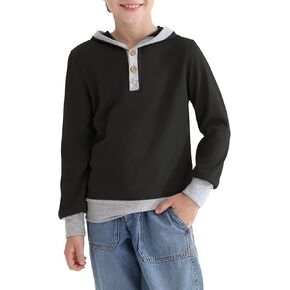 Haloumoning Boys Hoodies Long Sleeve Hooded Sweatshirt Button Patchwork Pullover Tops 4-14 Years