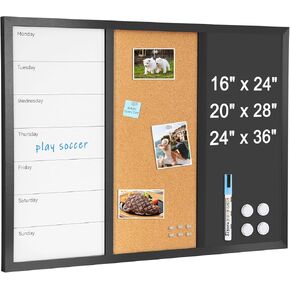 4 THOUGHT Chalkboard Corkboard Whiteboard Calendar Combo, 36" x 24" Magnetic Weekly Planner Chalk Board Wall Mounted Framed Combination Board for Kitchen Home Office 1 Marker 4 Magnets 10 Pushpins