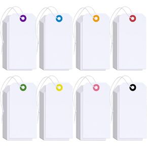 200 Pcs White Hanging Tags with String Attached, Large Marking Tags Paper Hang Tags with Elastic Rope Attached, Writable Price Tags Blank Paper Gift Tags for All Occasions
