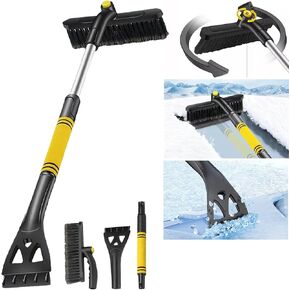 32" Extendable Snow Brush and Ice Scraper with 360° Rotating Head, Detachable Snow Removal Tool for Cars, Trucks, and SUVs - Soft Foam Grip, Windshield Ice Breaker, Compact for Easy Storage (Yellow)