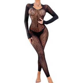 Women's Fishnet Bodystocking Bodysuits Sexy Mesh Lingerie with Leopard Pattern Tights One Piece Jumpsuit