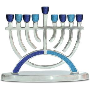 Blue Glitter Aluminum Chabad Candle Menorah - Fits All Standard Chanukah Candles - Modern Artistic and Decorative Menorah
