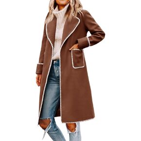 Tankaneo Womens Long Pea Coats Winter Embroidered Contrast Trim Jackets Fashion Overcoat with Belt