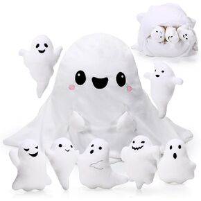 Liliful Halloween Ghost Plush Toys 16 Inch Cute Mommy Ghost Stuffed Pillow with 7 Cute Plush Babies Soft Funny Ghost Plushie White for Boys Girls Birthday Sleeping Gift Party Favor(Spooky)